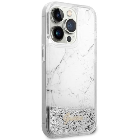 Etui na telefon iPhone 14 Pro Guess białe hardcase Liquid Glitter Marble