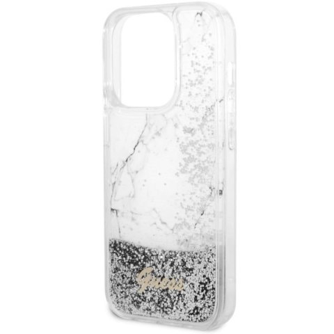 Etui na telefon iPhone 14 Pro Guess białe hardcase Liquid Glitter Marble