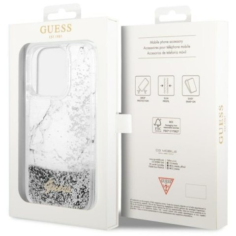 Etui na telefon iPhone 14 Pro Guess białe hardcase Liquid Glitter Marble