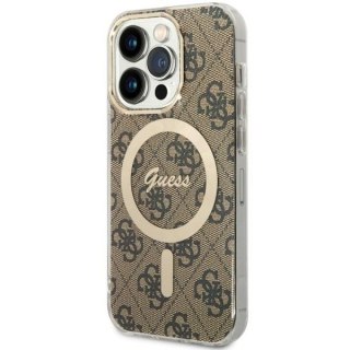 Etui na telefon iPhone 14 Pro Guess 4G MagSafe brązowe eleganckie