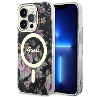 Etui na telefon iPhone 14 Pro Guess Flower MagSafe czarne