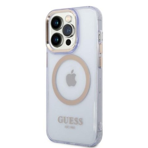 Etui na telefon iPhone 14 Pro Guess Gold Outline MagSafe purpurowe