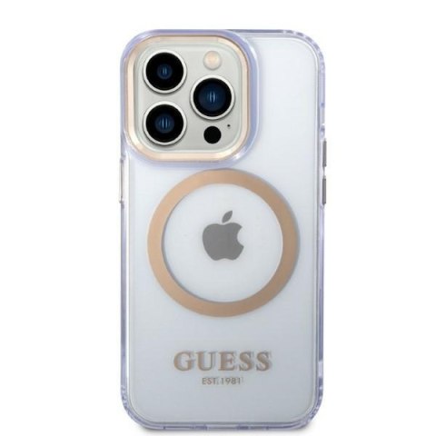 Etui na telefon iPhone 14 Pro Guess Gold Outline MagSafe purpurowe