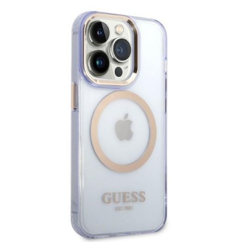 Etui na telefon iPhone 14 Pro Guess Gold Outline MagSafe purpurowe