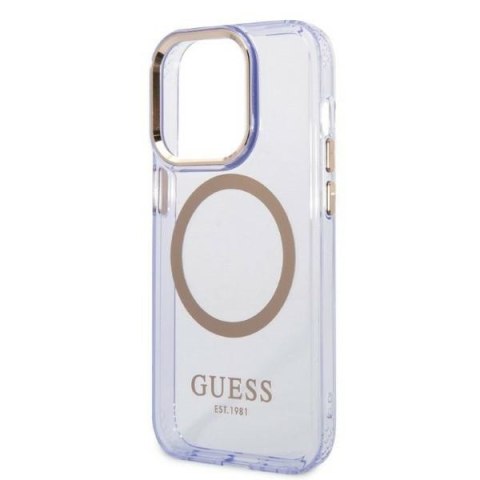 Etui na telefon iPhone 14 Pro Guess Gold Outline MagSafe purpurowe