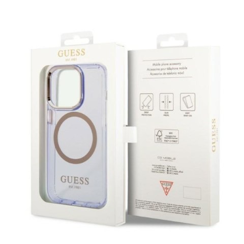 Etui na telefon iPhone 14 Pro Guess Gold Outline MagSafe purpurowe