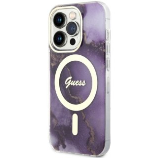 Etui na telefon iPhone 14 Pro Guess Golden Marble MagSafe purpurowe