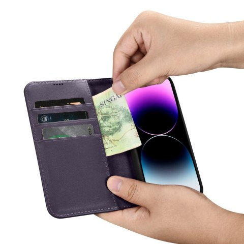 Etui iPhone 14 Pro iCarer Wallet Anti-RFID 2in1 ciemnofioletowe