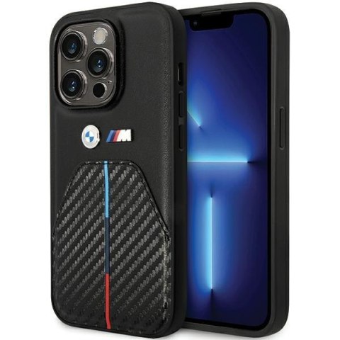 Etui na telefon iPhone 14 Pro BMW czarne Stamped Tricolor Stripe