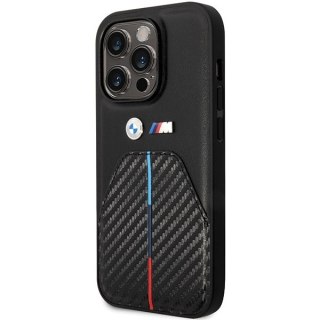 Etui na telefon iPhone 14 Pro BMW czarne Stamped Tricolor Stripe