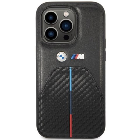 Etui na telefon iPhone 14 Pro BMW czarne Stamped Tricolor Stripe