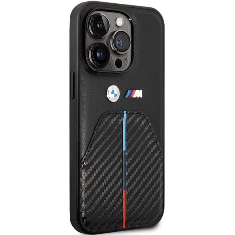 Etui na telefon iPhone 14 Pro BMW czarne Stamped Tricolor Stripe