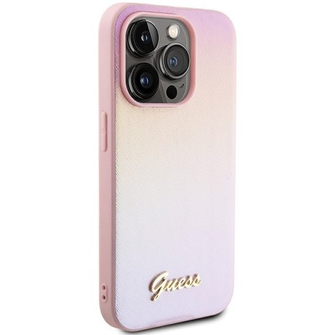 Etui na telefon iPhone 14 Pro Guess różowe hardcase Saffiano Iridescent