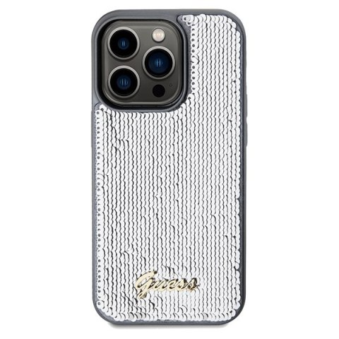 Etui na telefon iPhone 14 Pro Guess srebrne hardcase Sequin Script Metal