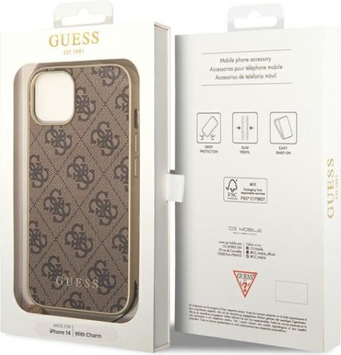 Etui iPhone 14 Plus / 15 Plus Guess brązowe hardcase 4G Charms Collection