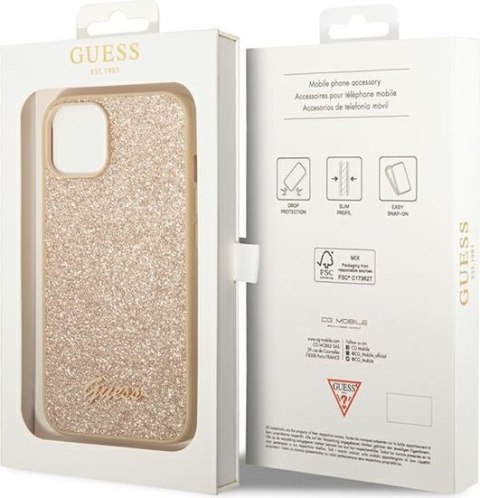 Etui na telefon iPhone 14 Plus / 15 Plus Guess złote Glitter Script