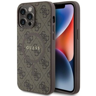 Etui na telefon iPhone 14 Pro Guess 4G MagSafe skórzane brązowe