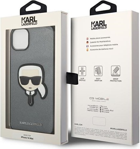 Etui na telefon iPhone 14 Plus / 15 Plus Karl Lagerfeld Saffiano srebrne