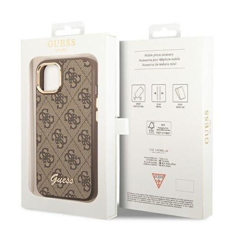 Etui iPhone 14 Plus / 15 Plus Guess brązowe hardcase 4G Vintage Gold Logo