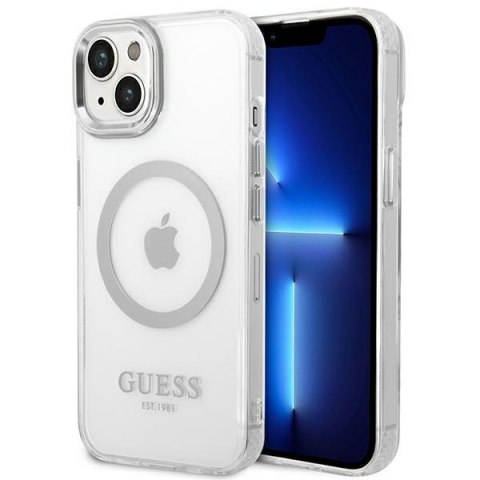 Etui na telefon iPhone 14 Plus / 15 Plus Guess Metal Outline MagSafe srebrne