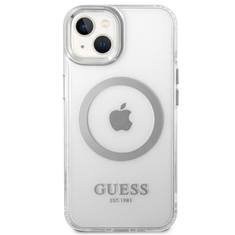 Etui na telefon iPhone 14 Plus / 15 Plus Guess Metal Outline MagSafe srebrne