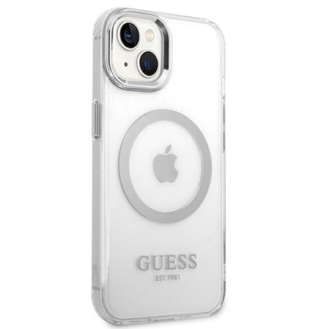 Etui na telefon iPhone 14 Plus / 15 Plus Guess Metal Outline MagSafe srebrne