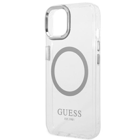 Etui na telefon iPhone 14 Plus / 15 Plus Guess Metal Outline MagSafe srebrne