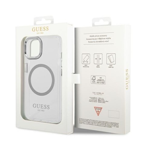 Etui na telefon iPhone 14 Plus / 15 Plus Guess Metal Outline MagSafe srebrne