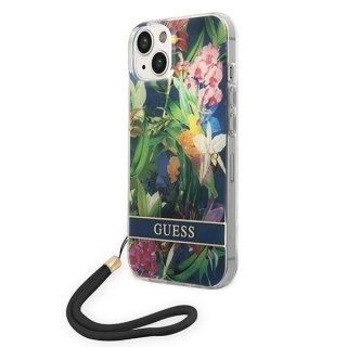 Etui na telefon iPhone 14 Plus / 15 Plus Guess Flower Strap niebieskie