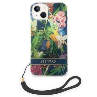 Etui na telefon iPhone 14 Plus / 15 Plus Guess Flower Strap niebieskie