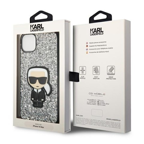 Etui na telefon iPhone 14 Plus / 15 Plus Karl Lagerfeld srebrne Glitter Flakes