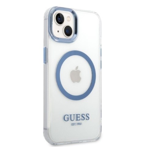 Etui na telefon iPhone 14 Plus / 15 Plus Guess Metal Outline MagSafe niebieskie