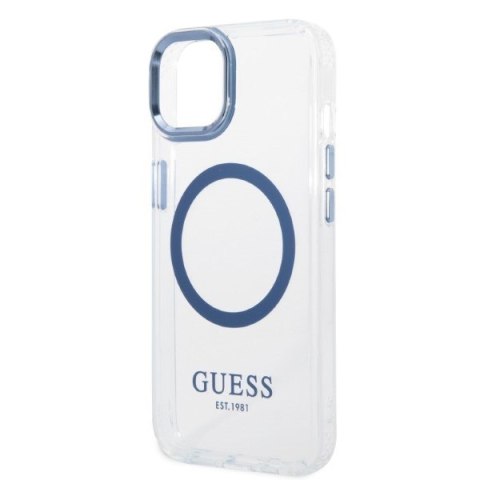 Etui na telefon iPhone 14 Plus / 15 Plus Guess Metal Outline MagSafe niebieskie