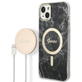 Etui na telefon iPhone 14 Plus/15 Plus Guess Marble MagSafe czarny + ładowarka