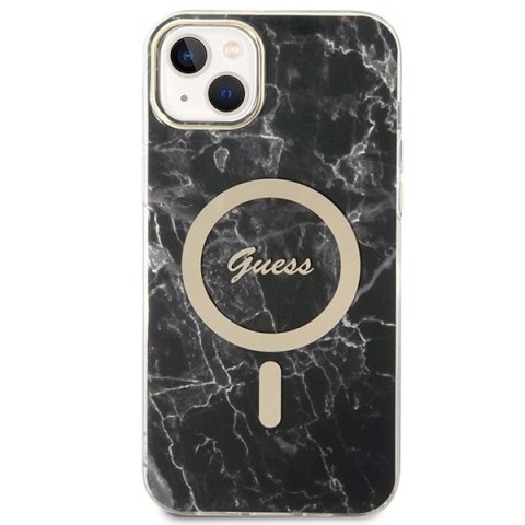 Etui na telefon iPhone 14 Plus/15 Plus Guess Marble MagSafe czarny + ładowarka