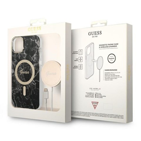 Etui na telefon iPhone 14 Plus/15 Plus Guess Marble MagSafe czarny + ładowarka