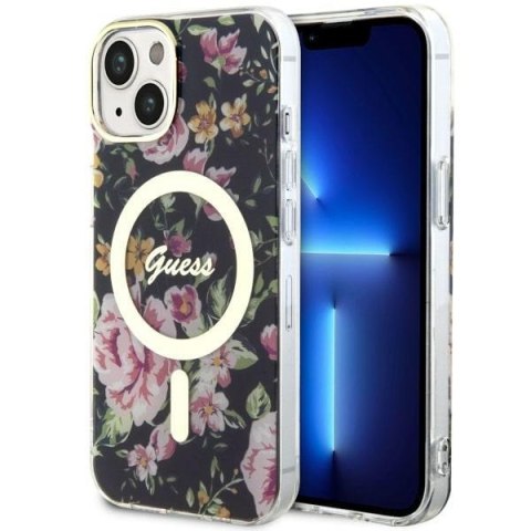 Etui na telefon iPhone 14 Plus / 15 Plus Guess Flower MagSafe czarne