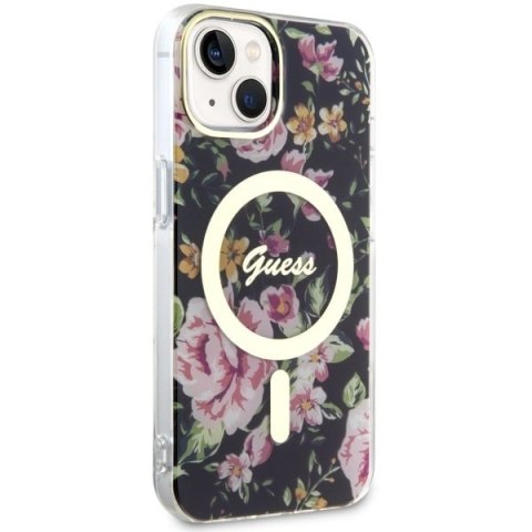 Etui na telefon iPhone 14 Plus / 15 Plus Guess Flower MagSafe czarne