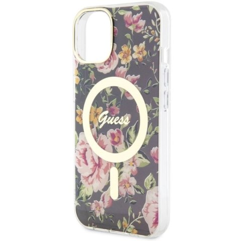 Etui na telefon iPhone 14 Plus / 15 Plus Guess Flower MagSafe czarne