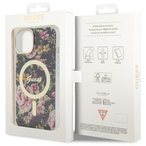 Etui na telefon iPhone 14 Plus / 15 Plus Guess Flower MagSafe czarne