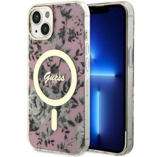 Etui na telefon iPhone 14 Plus / 15 Plus Guess Flower MagSafe różowe