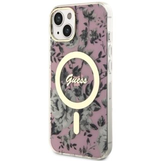 Etui na telefon iPhone 14 Plus / 15 Plus Guess Flower MagSafe różowe