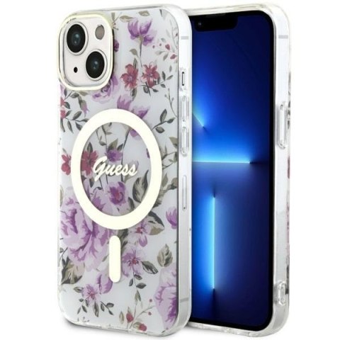 Etui na telefon iPhone 14 Plus / 15 Plus Guess Flower MagSafe przezroczyste