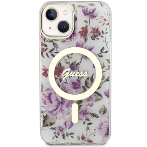 Etui na telefon iPhone 14 Plus / 15 Plus Guess Flower MagSafe przezroczyste