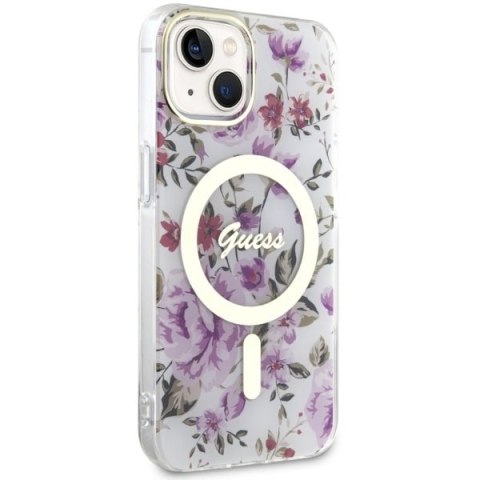 Etui na telefon iPhone 14 Plus / 15 Plus Guess Flower MagSafe przezroczyste