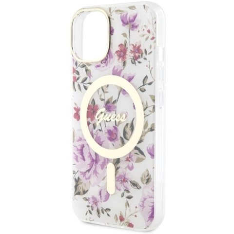 Etui na telefon iPhone 14 Plus / 15 Plus Guess Flower MagSafe przezroczyste