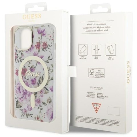 Etui na telefon iPhone 14 Plus / 15 Plus Guess Flower MagSafe przezroczyste