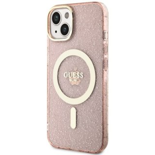 Etui na telefon iPhone 14 Plus / 15 Plus Guess Glitter Gold MagSafe różowe