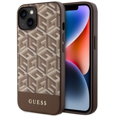 Etui na telefon iPhone 14 Plus / 15 Plus Guess GCube Stripes MagSafe brązowe