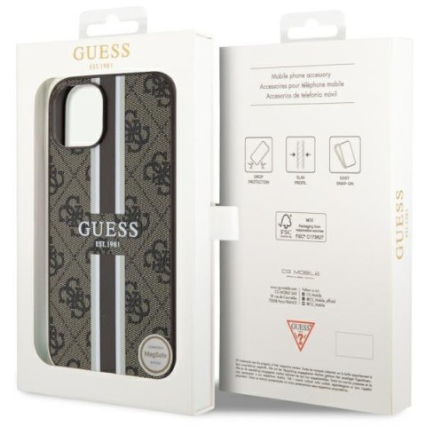 Etui iPhone 14 Plus / 15 Plus Guess 4G Printed Stripes MagSafe brązowe